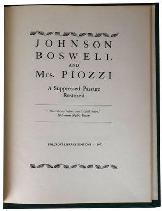 Item #24468 Johnson, Boswell and Mrs. Piozzi. A Suppressed Passage Restored. Samuel JOHNSON