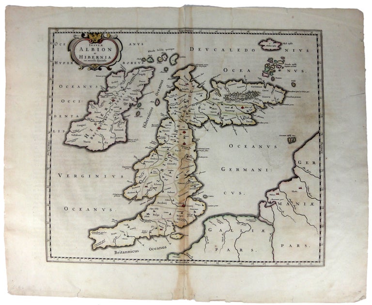 Item #29381 Insulae Albion et Hibernia cum minoribus adjacentibus. (Cartouche). From Willem Janszoon Blaeu's "Atlas Nouveau" Vol. 5. Willem Janszoon GREAT BRITAIN-Ireland. MAP ~ BLAEU.