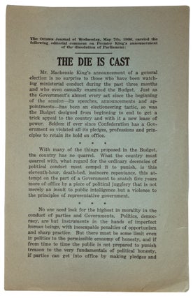 Item #31603 [Broadside /Broadsheet]. The Die is Cast. The Ottawa Journal of Wednesday, May 7th,...