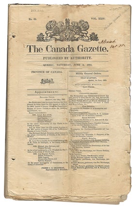 Item #34707 Militia General Orders. Extracts from The Canada Gazette. June 3,1865; November 8,...