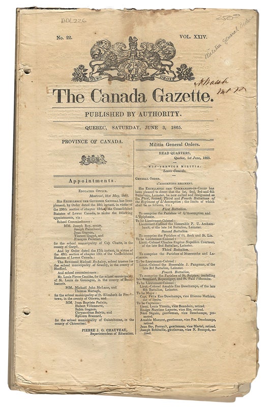 Item #34707 Militia General Orders. Extracts from The Canada Gazette. June 3,1865; November 8, 1890; December 17, 1892; February 24, 1893; February 3, 1894. The Canada Gazette. Department of Militia and Defence.