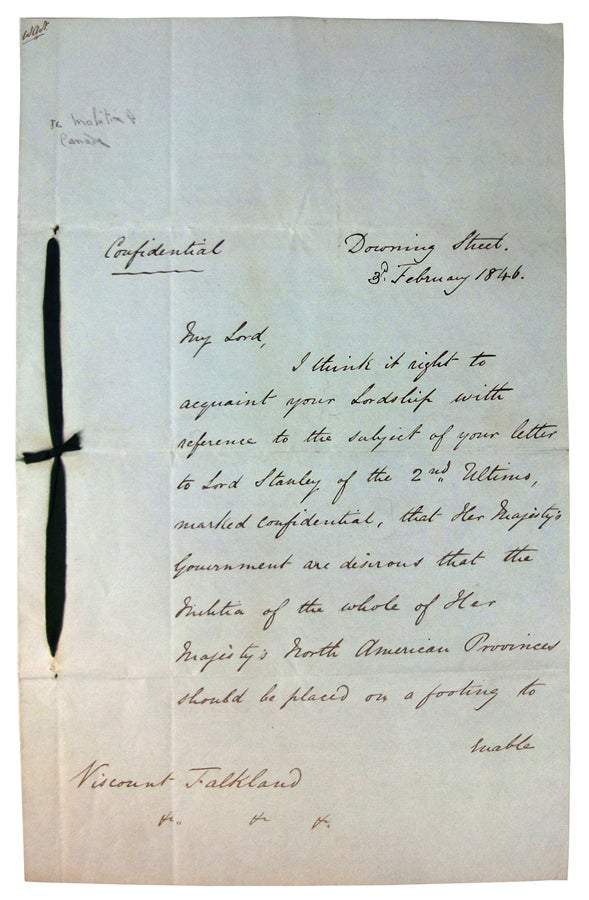 Item #36698 Autographed Letter, Signed. A five page hand-written letter, headed - Downing Street "Confidential", 3rd February 1846 from Colonial Secretary Gladstone to Viscount Falkland, Governor of Nova Scotia. William Ewart The Right-Honourable GLADSTONE.