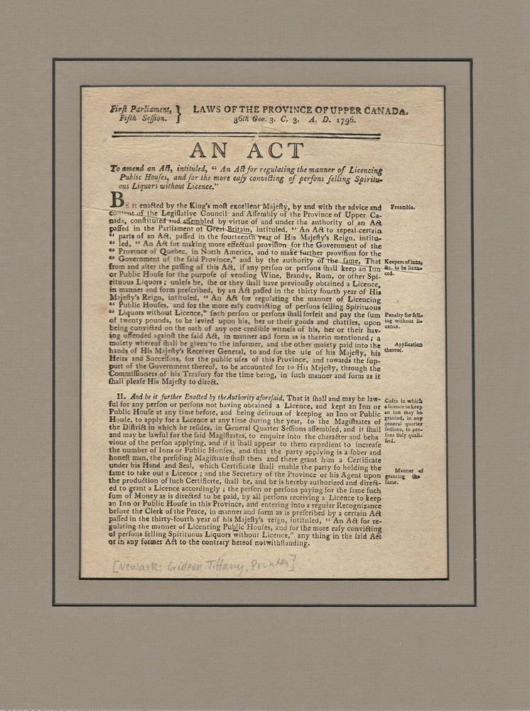 Item #37216 An Act to amend an Act, entitled, "An Act for Regulating the manner of Licensing Public Houses." Statutes UPPER CANADA. - Laws, Fifth Session. Laws of the Province of Upper Canada. 36th Geo.3. C.3. A. D., Etc . First Parliament, Public Houses Act.