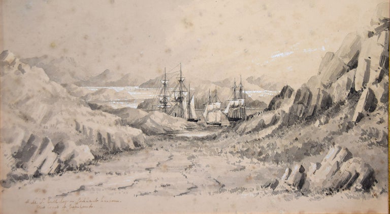 Item #37277 Two Gray Wash Watercolour Sketches. Titles: HMS Bulldog in Godhaab Harbour. West Coast of Greenland. And: The Saddel Mountain, Baals Fjord, Greenland. By Conway Shipley. Conway PAINTING SHIPLEY.