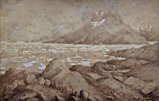 Two Gray Wash Watercolour Sketches. Titles: HMS Bulldog in Godhaab Harbour. West Coast of Greenland. And: The Saddel Mountain, Baals Fjord, Greenland. By Conway Shipley.