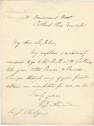 Two Autograph Letters, Signed. , 1 signed Canada' to Dear Sir John', (John PHILLIPART, Alexander William Francis HUMPHRYS-ALEXANDER, Self-styled.