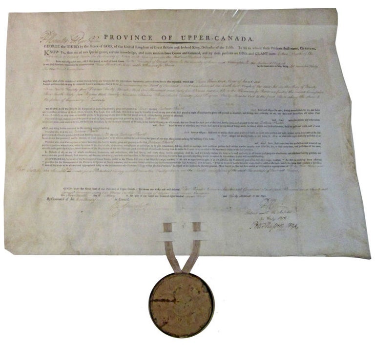 Item #39247 P. Hunter, Lt. Gov. [Signed]: Province of Upper-Canada. George the Third.Know Ye, that we of our special grace, certain knowledge, and mere mention have Given and Granted, and by these presents do Give and Grant unto Joshua Booth of the Township of Earnest Town: In the County of Lenox and Addington, in the Midland District, Esquire.Three Hundred Acres with Allowances for Roads. Lot number Forty in the Front Concession. Commencing in the Front of the said Front Concession, at the South East Angle of the said Lot on the Bay of Quinty, Then North Twenty four Degrees Thirty Minutes West, One Hundred and sixty four chains more or less to the Allowance for Roads in front of the second Concession. Then South Sixty-five Degrees West, nearly Ninetee. UPPER CANADA. 1802. LAND GRANT.
