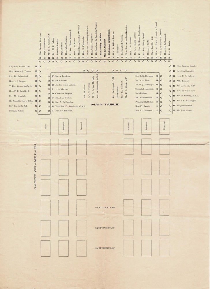 Item #39658 Seating Plan for the Luncheon at the laying of the Corner Stone of University ot Ottawa, May 24, 1904. OTTAWA. University of, Ephemera.