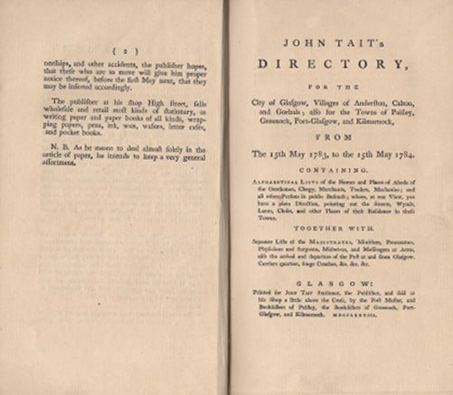 Item #41223 John Tait s Directory, for the City of Glasgow, Villages of Anderston, Calton, and Gorbals; also for the Towns of Paisley, Greenock, Port-Glasgow, and Kilmarnock, from The 15th May 1783, to the 15th May 1784. John TAIT.