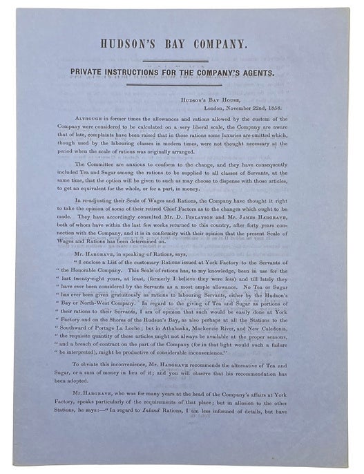 Item #42653 Private Instructions for the Company's Agents. Hudson&rsquo;s Bay House. Caption title. HUDSON&rsquo;S BAY COMPANY. PRIVATE.