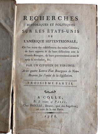 Item #43288 Recherches Historiques et Politiques sur les Etats-Unis de l'Amerique...