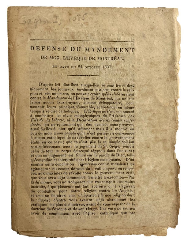 Item #43482 Defense du Mandement de Mgr. L'Ev&ecirc;que de Montr&eacute;al. En date du 24 Octobre 1837. (caption title). CANADA. 1837 Rebellion, Louis PROULX.