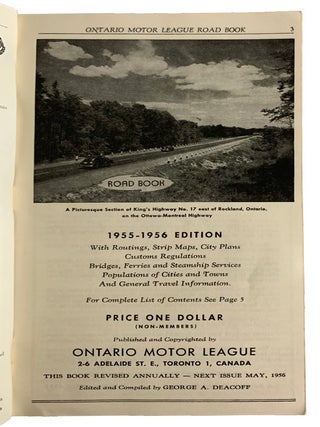 Ontario Motor League Road Book 1955-56 Edition. With Routings, Strip Maps, City Plans, Costums Regulations, Bridges, Ferries and Streamship Services, Populations of Cities and Towns and General Travel Information.