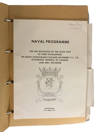 A collection of official Programmes, brochures, passes, table seating plans, menus, invitations, guidebooks, photographs, and post cards for three official tours taken by Roland Michener : The Carribean. Feb.11-26, 1969; Arctic Tour. Aug. 13-24, 1970. (only 4 post-cards); and the Netherlands and Luxembourg 14 -27,April 1971. Also, are three photographs of Governor-General in Lahr, Germany-"en route to Iran, October,1971"