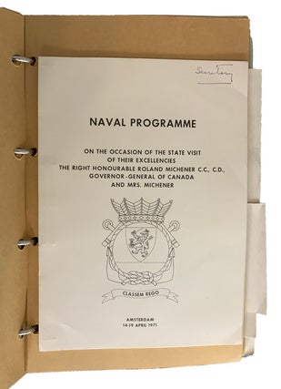 A collection of official Programmes, brochures, passes, table seating plans, menus, invitations, guidebooks, photographs, and post cards for three official tours taken by Roland Michener : The Carribean. Feb.11-26, 1969; Arctic Tour. Aug. 13-24, 1970. (only 4 post-cards); and the Netherlands and Luxembourg 14 -27,April 1971. Also, are three photographs of Governor-General in Lahr, Germany-"en route to Iran, October,1971"